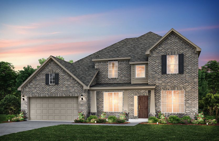 The Lawson, a two-story home with 2-car garage, shown as Home Exterior B *model representation