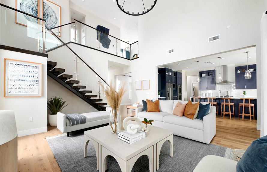 Gathering room with floating staircase