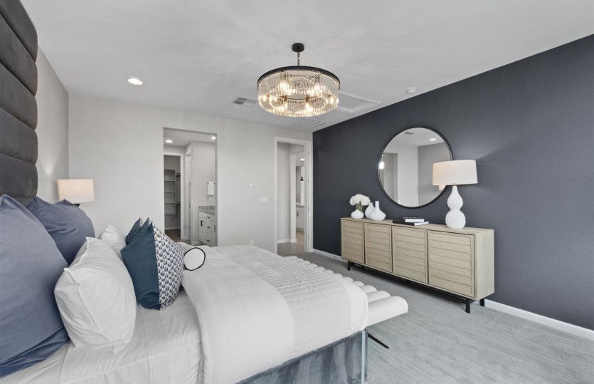 The downstairs owner's suite features a decorative accent wall, a spacious walk-in closet, and an ow