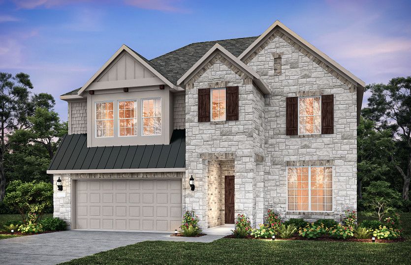 The Caldwell, a two-story home with 2-car garage, shown as Home Exterior E.