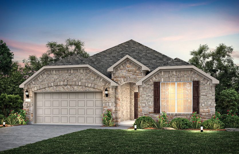 Exterior C with stone and brick, wood shutters, and 2-car garage *model representation