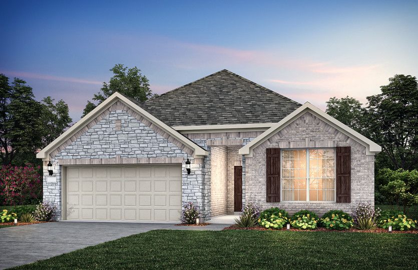 Exterior D with stone and brick, wood shutters, and 2-car garage