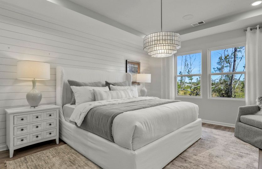Elegant owner's suite with shiplap ceiling detail and tray ceiling  Bright and spacious with room to