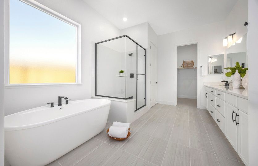 Owner's suite bathroom with freestanding soaking tub