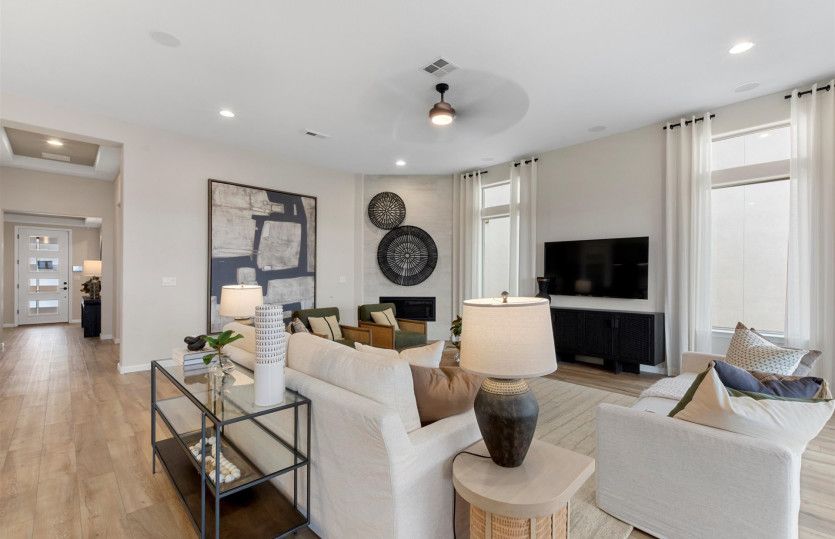 Interior fireplace in the gathering room adds warmth and ambiance for relaxing on cool New Mexico ev