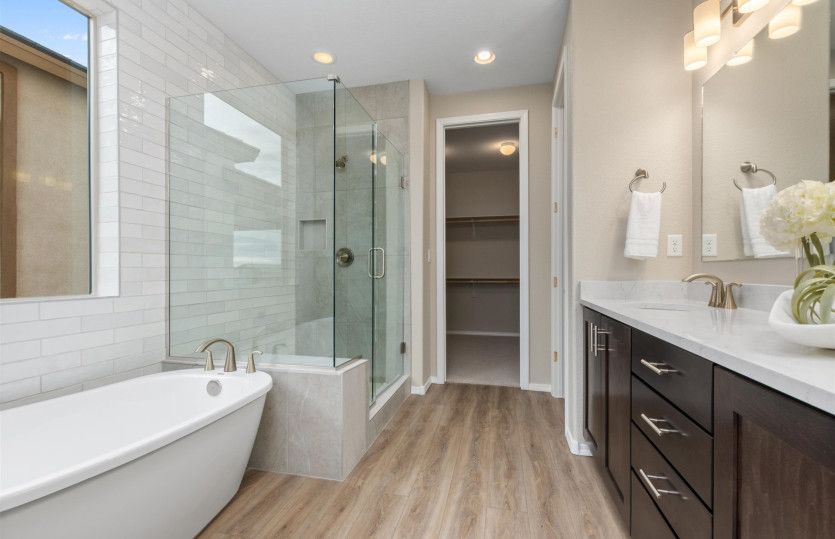 Private owner's bath is complete with dual sinks, a large walk-in closet and separate tub and shower