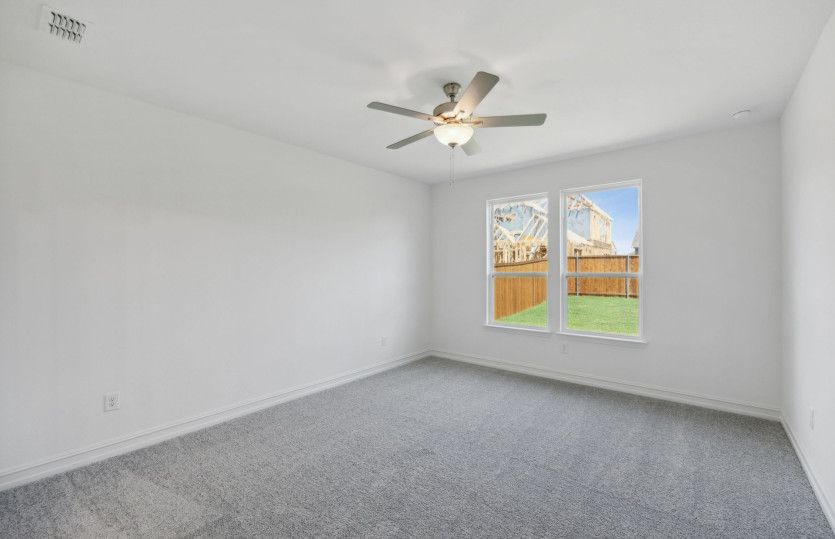 Elegant owner's suite with large windows and private bathroom*model representation