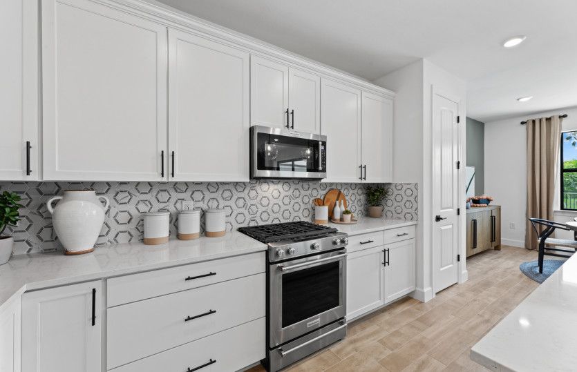 Gourmet kitchen with decorative backsplash