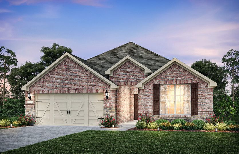 Exterior B of the Mckinney, a one-story home with shutters and stone