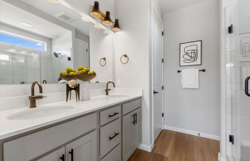 Private Owner's Suite bath is complete with a shower and dual sinks.