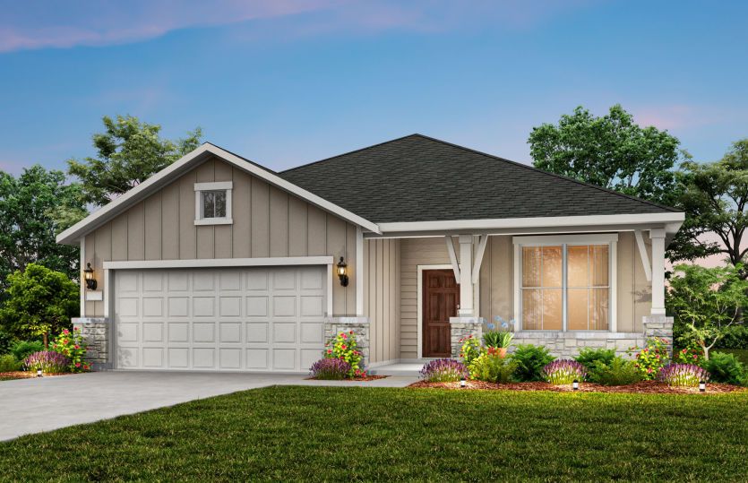 The Burnet, a one-story home with 2-car garage, shown with Home Exterior 40