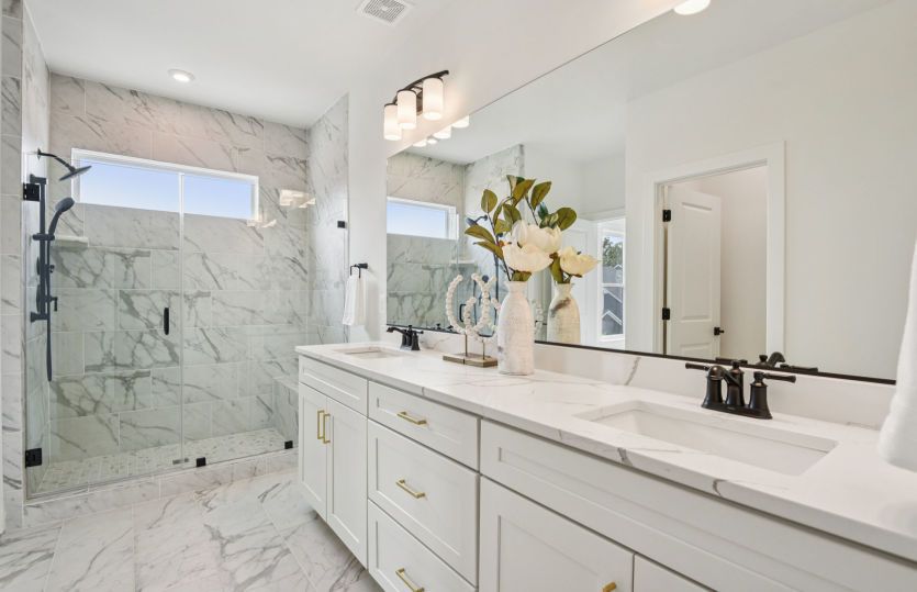 Double Sinks and an Oversized Walk-in Shower in the Owner's Bath
