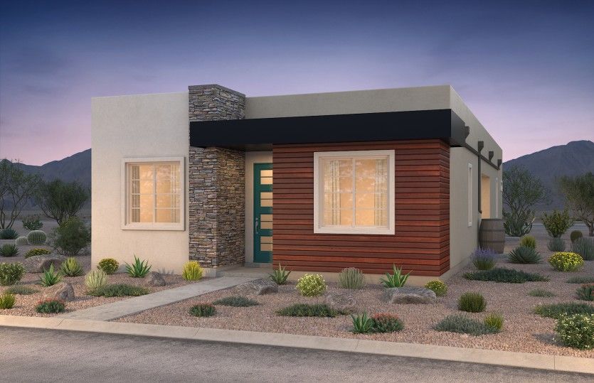 Bosque Elevation B with stone veneer accents and wood colored aluminum siding