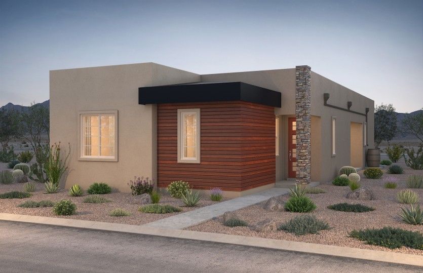 Mijas Elevation B with stone veneer accents and wood colored aluminum siding