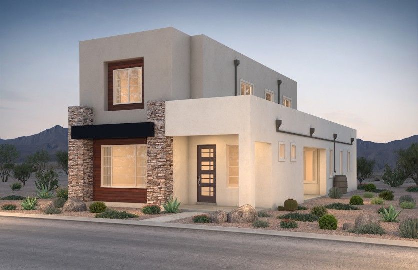 Chaco Elevation B with stone veneer accents and wood colored aluminum siding