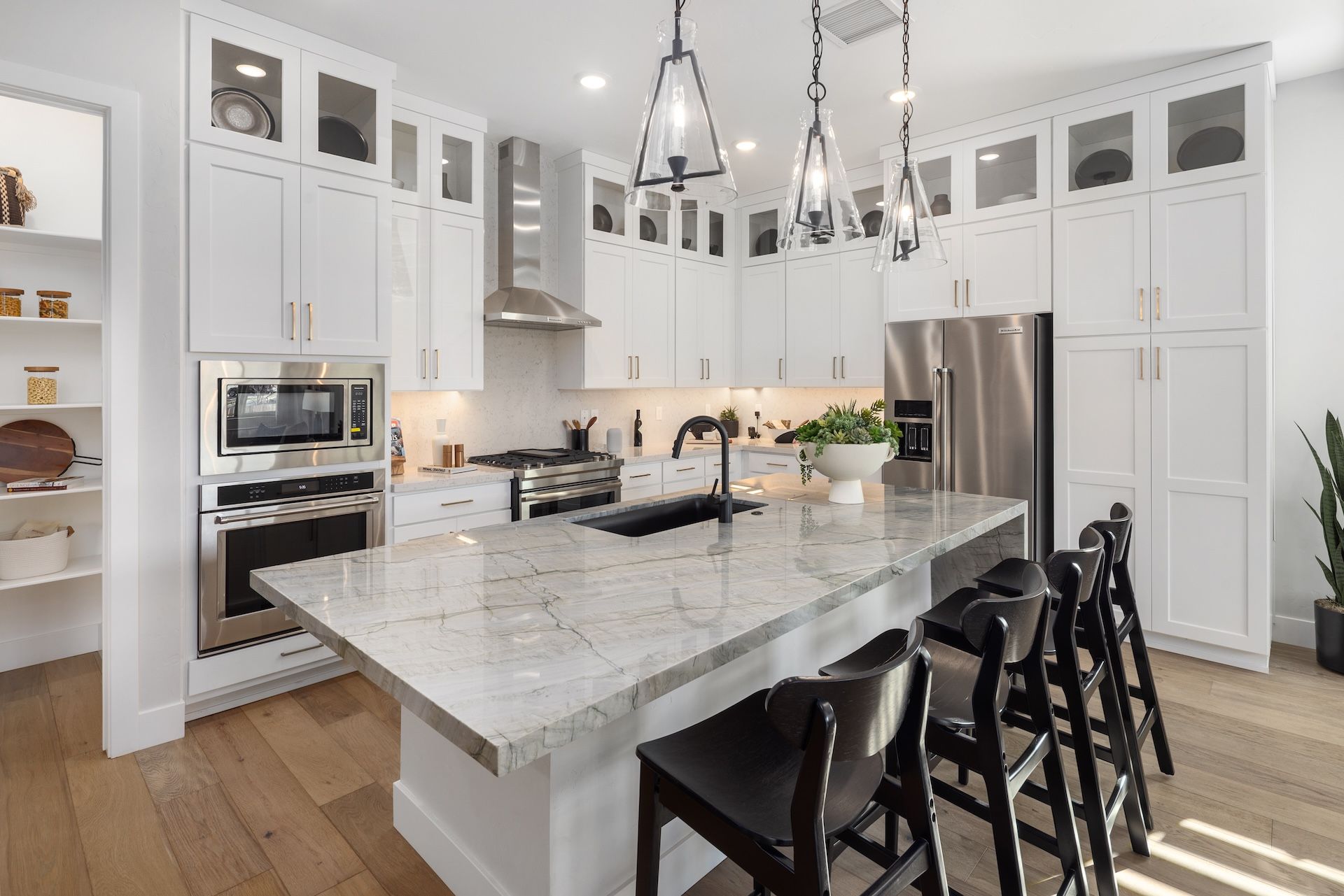 Plan 3 Kitchen With Pendant Lighting And Optional Glass Upper Cabinets