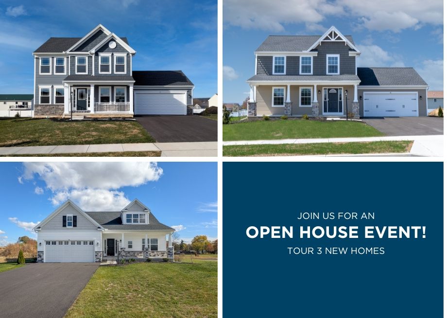 Collage showing three S&A Homes move-in ready exteriors with text promoting an open house event to tour three homes