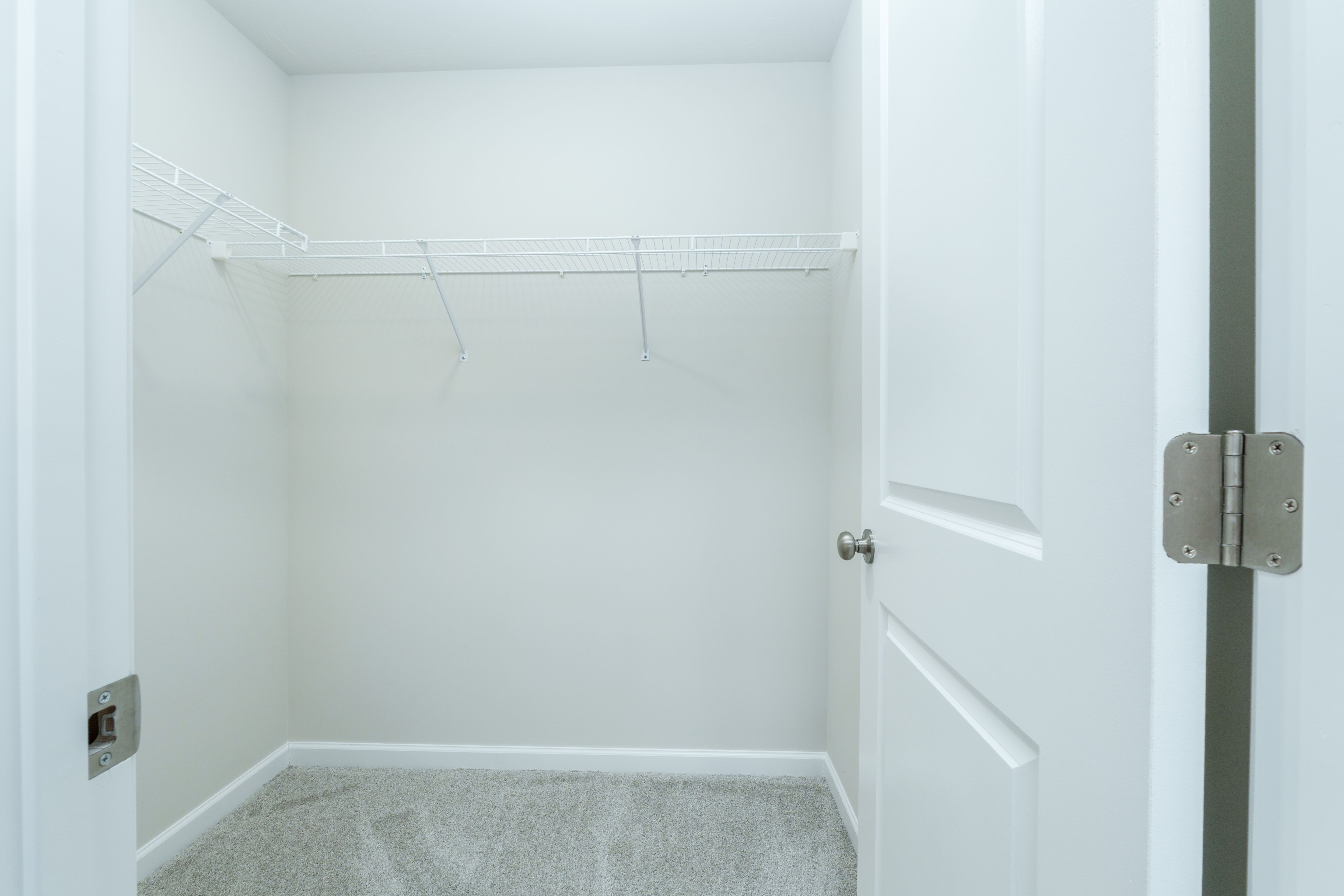 Alternate view of owners walk-in closet showing wire shelving and carpeted flooring