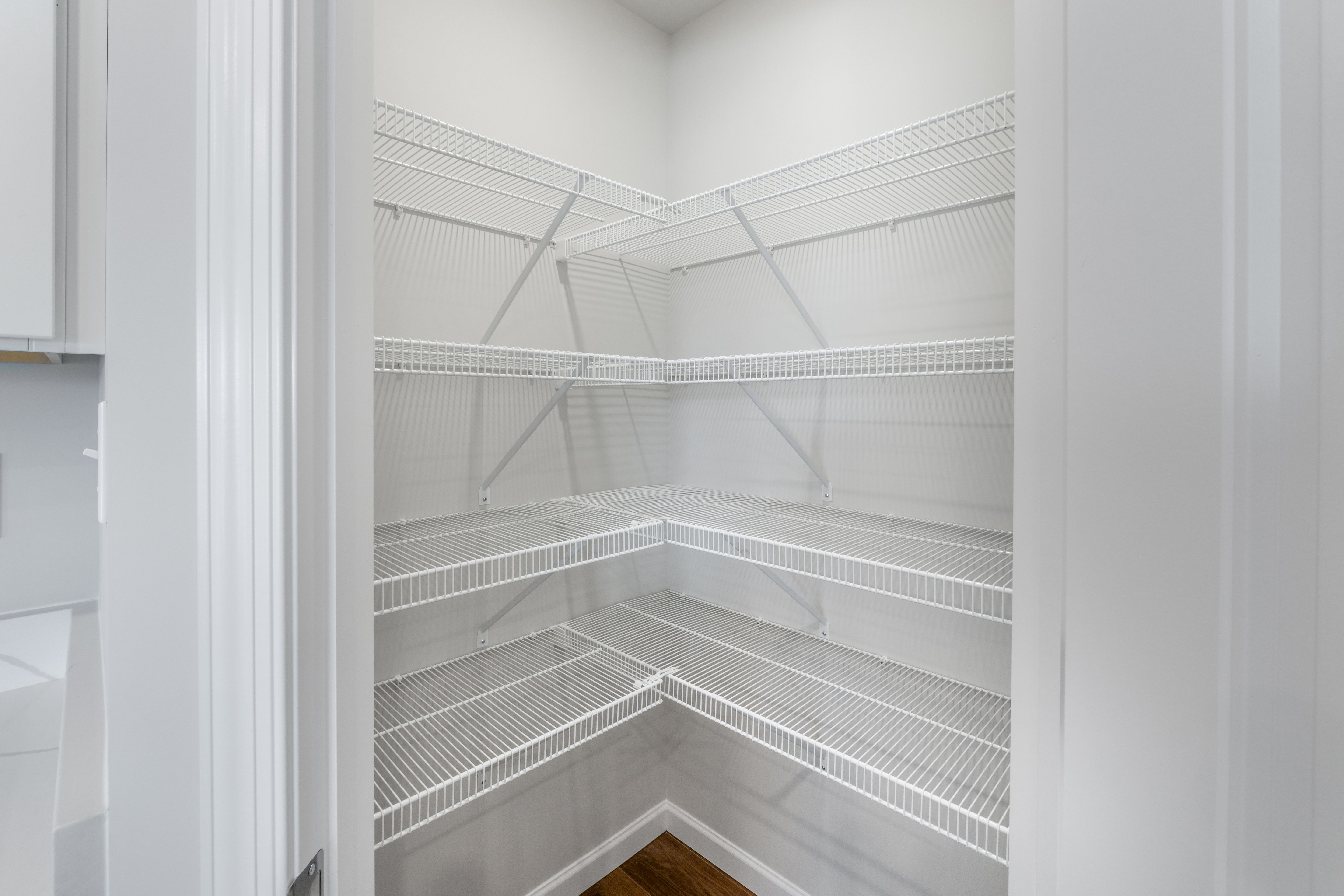Walk-in pantry with wraparound wire shelving and luxury vinyl plank flooring