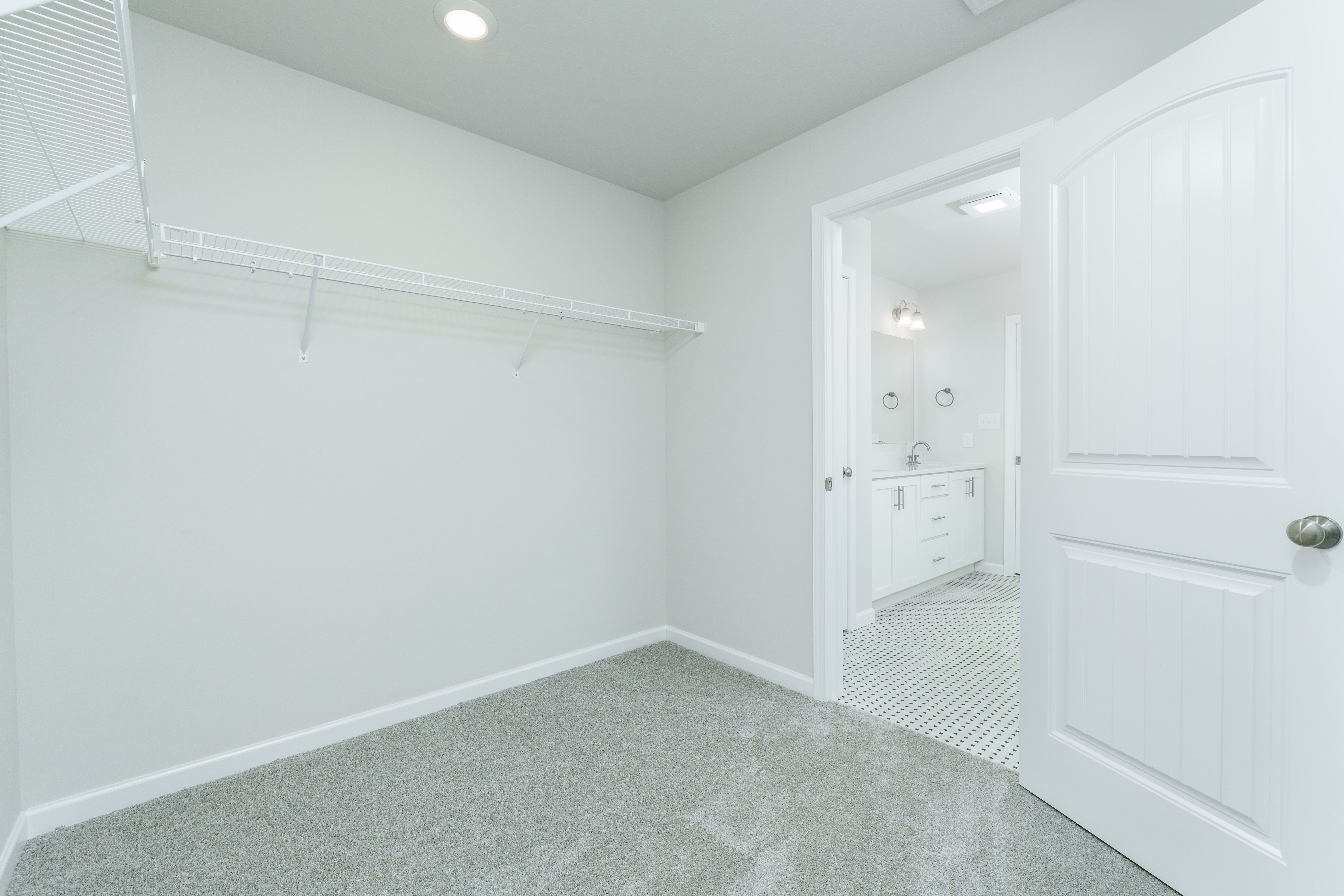 Owners walk-in closet with carpet and wraparound wire shelving for storage