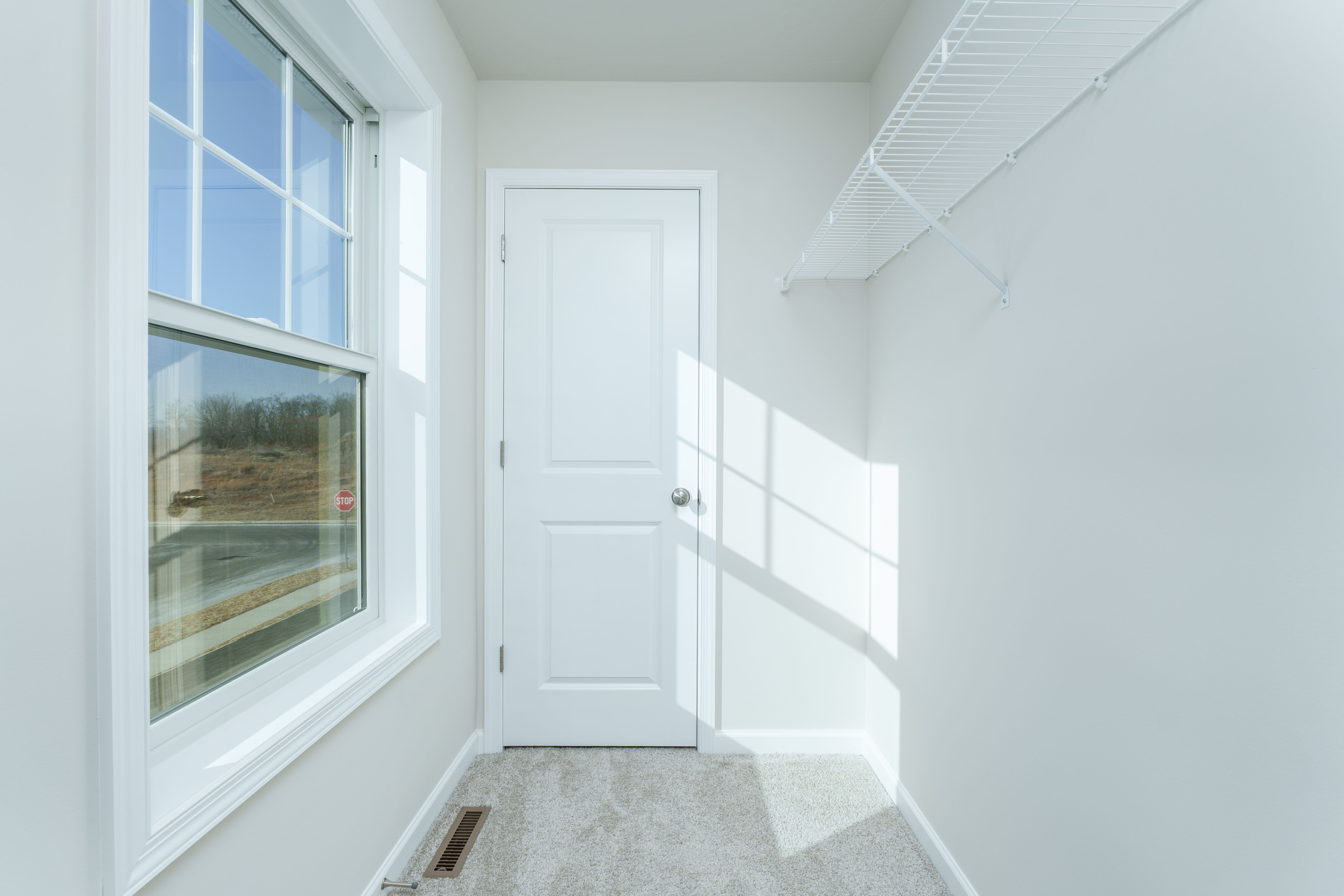 Walk-in closet with large window, carpeted floor, and white wire shelving along the walls.