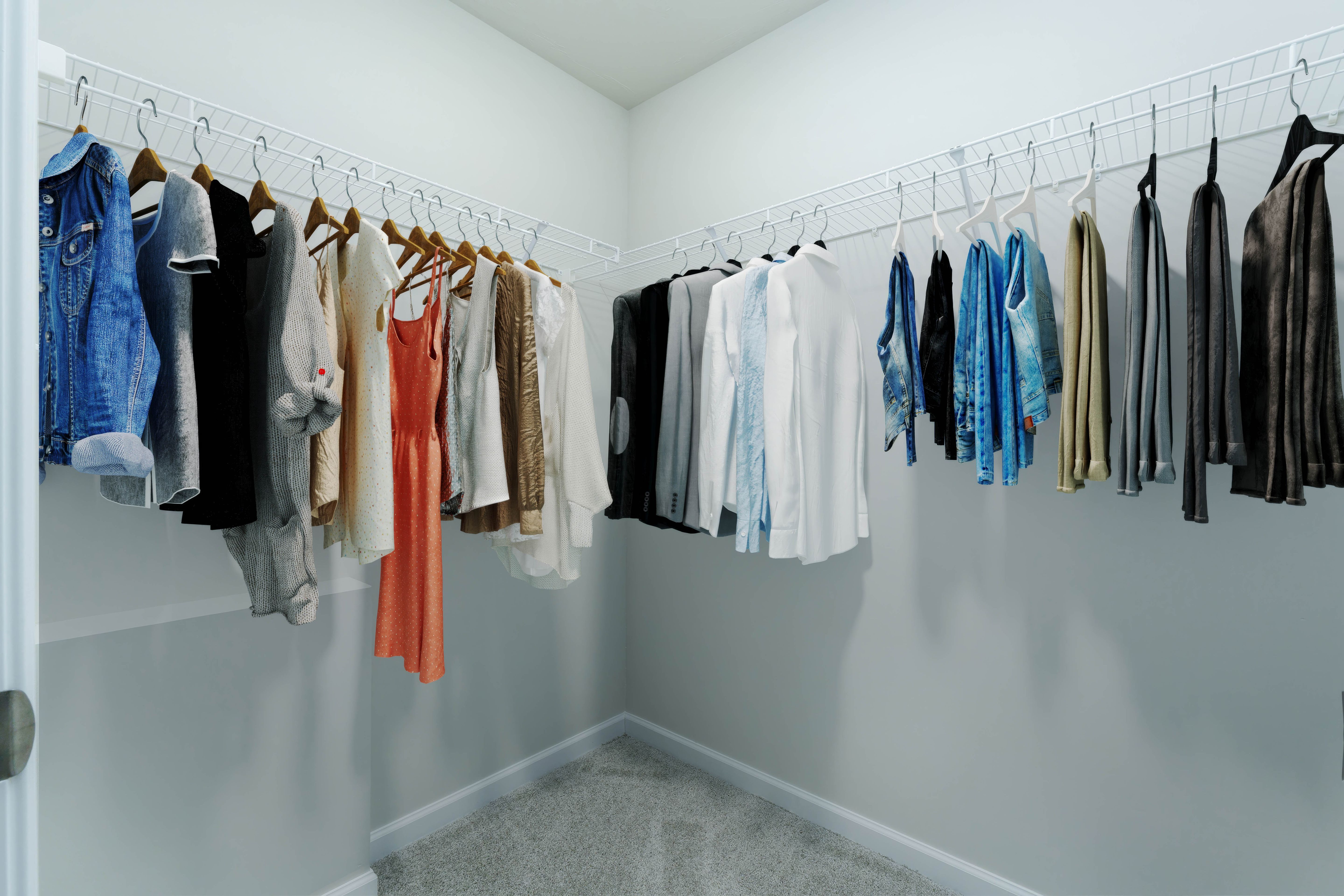 Walk-in closet with hanging rods on two walls and soft carpet flooring.