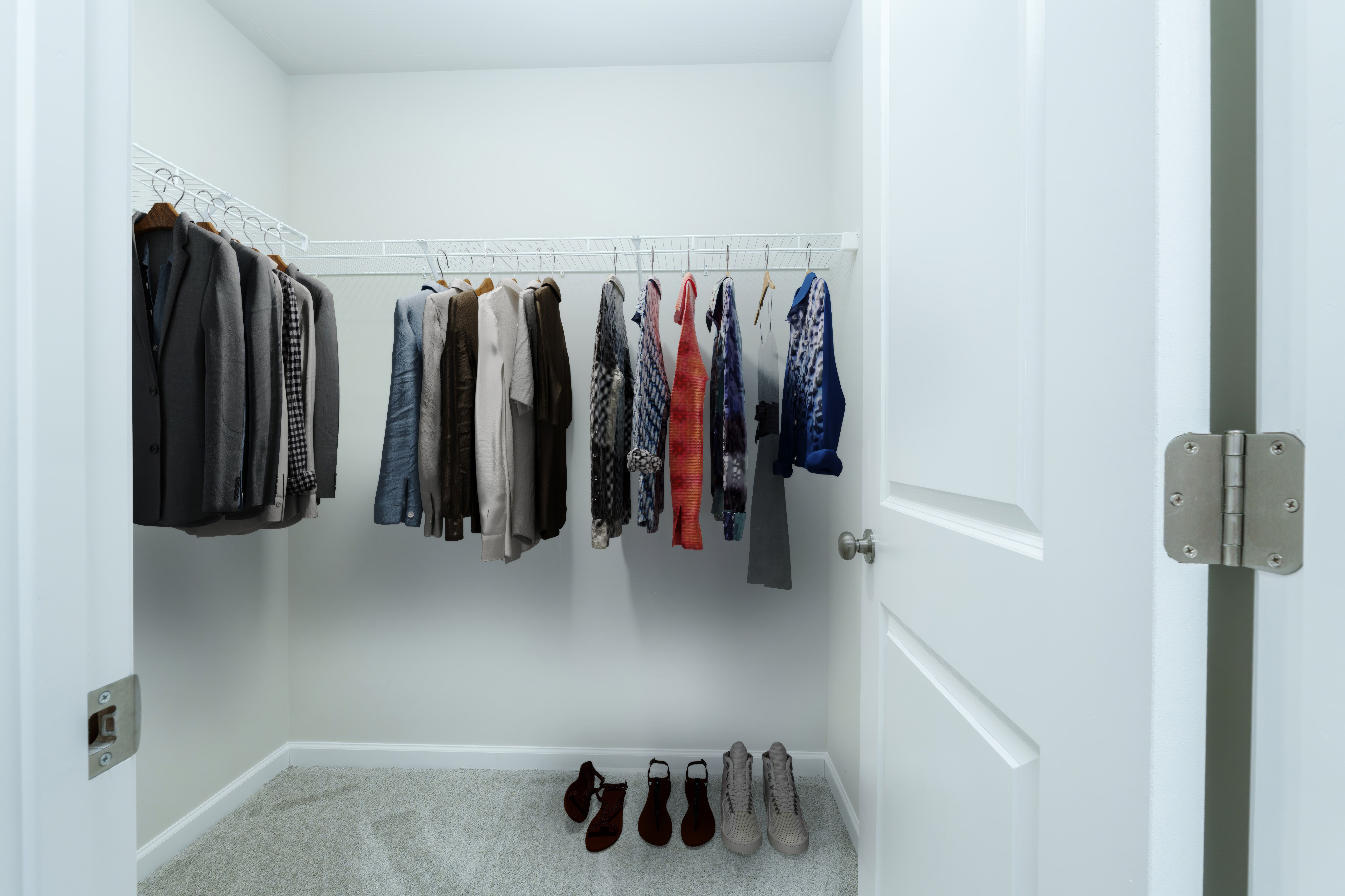 Walk-in closet with organized hanging space, clothing racks, and soft carpet flooring.