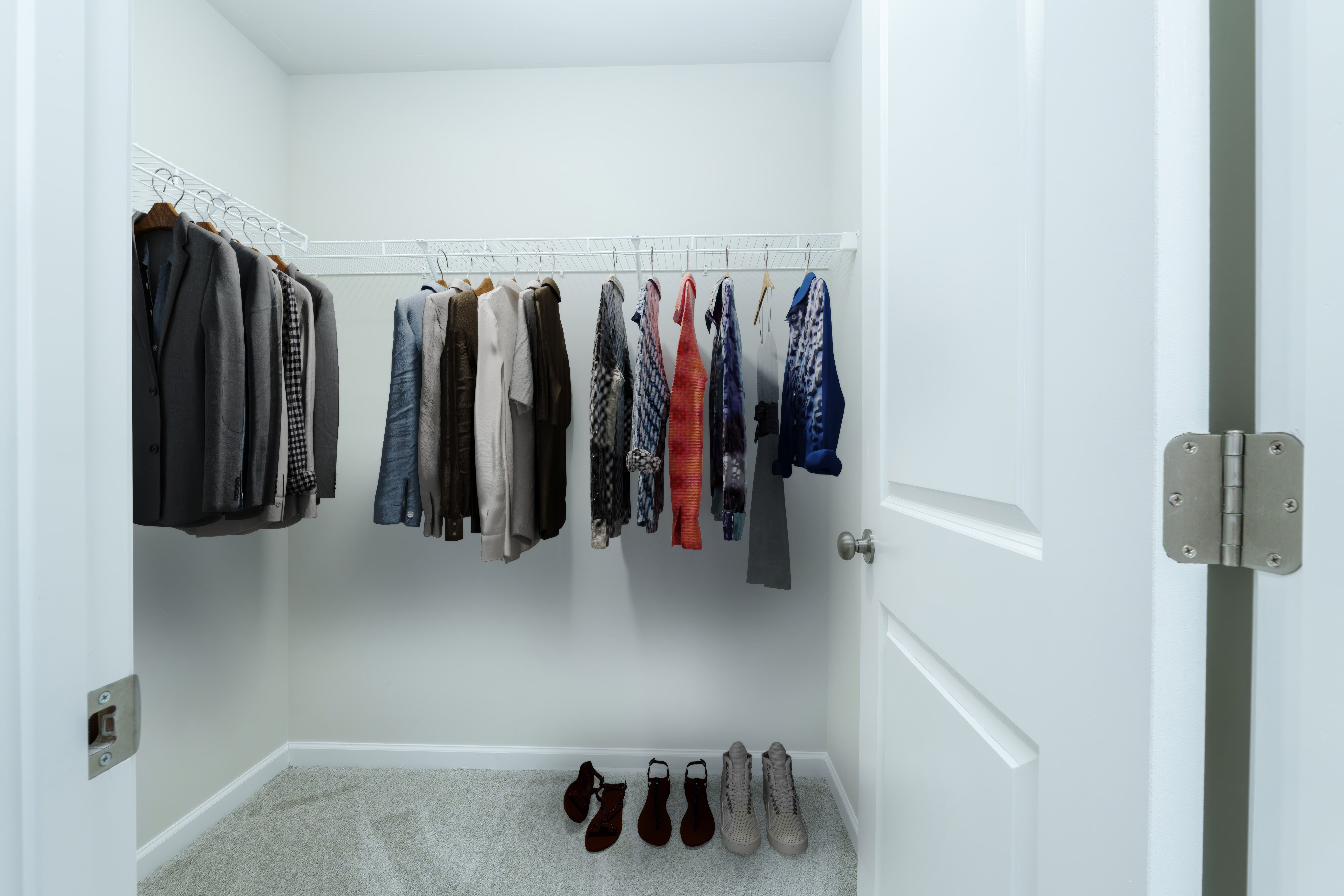 Walk-in closet with organized hanging space, clothing racks, and soft carpet flooring.