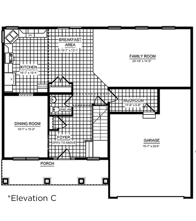 Main level floor plan with kitchen, breakfast area, family room, dining room, mudroom, and garage