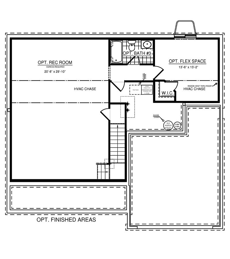 Basement layout with optional rec room, flex space, full bath, storage areas, and HVAC chase