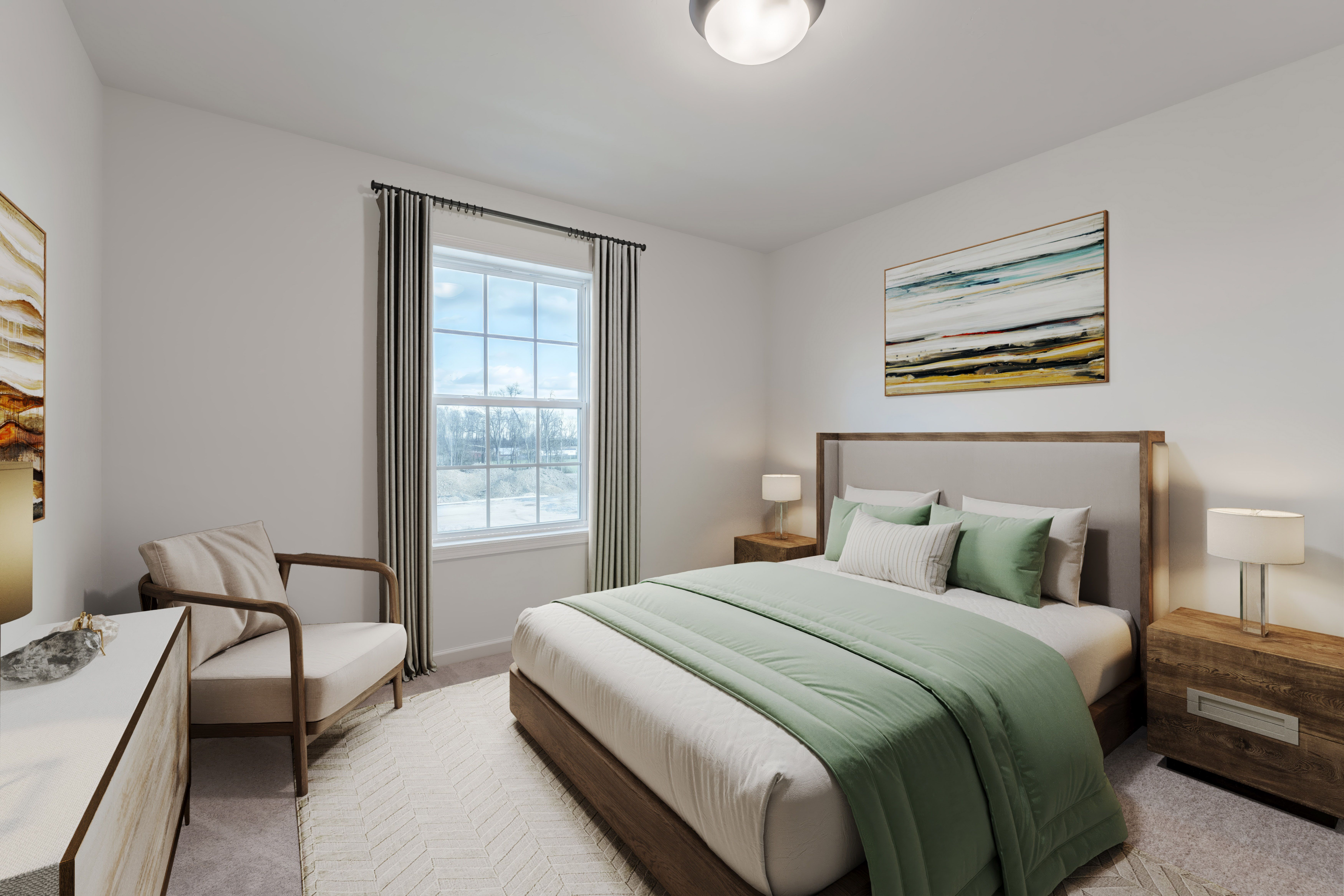 Cozy bedroom with wood bed frame, soft green bedding, accent chair, and window with natural light