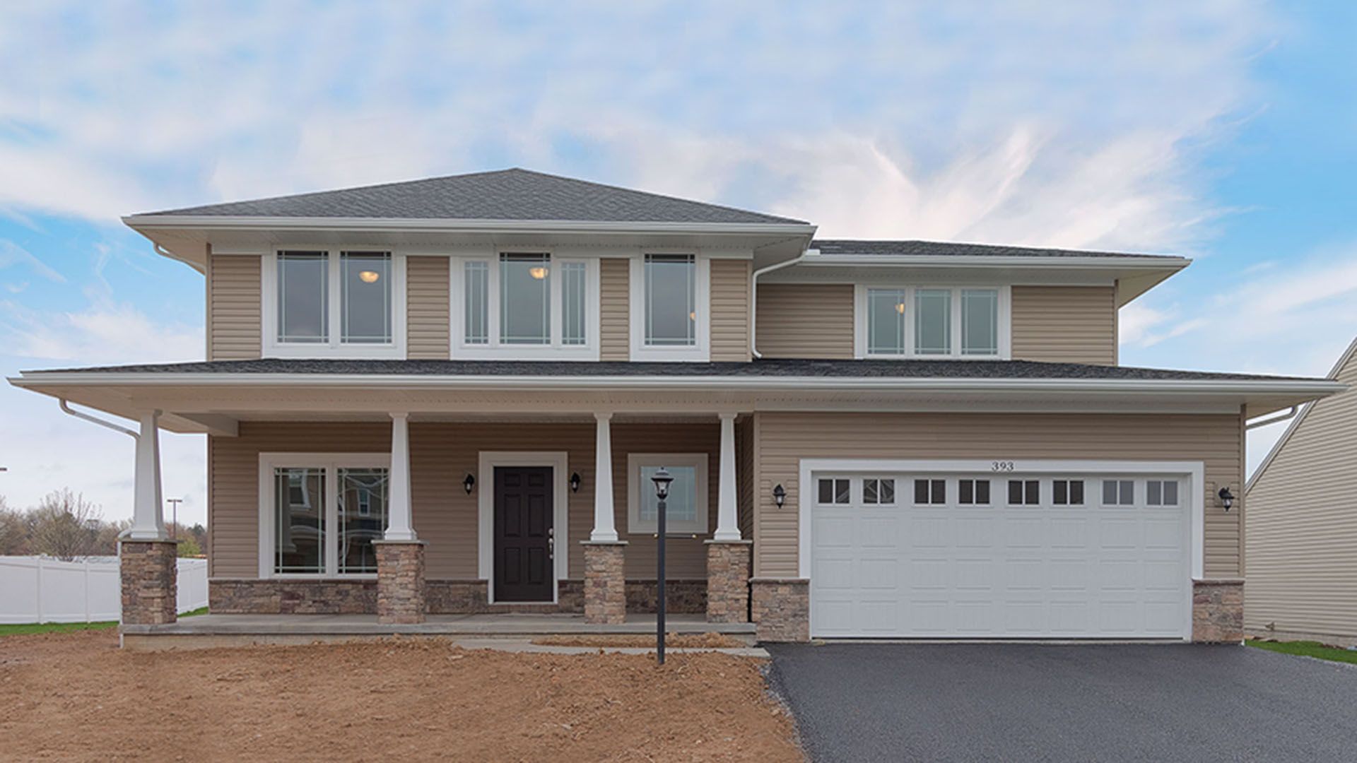The Newport D - S&A Home - exterior view - 2 story home with full front porch, vinyl siding and partial stone, and 2 car garage