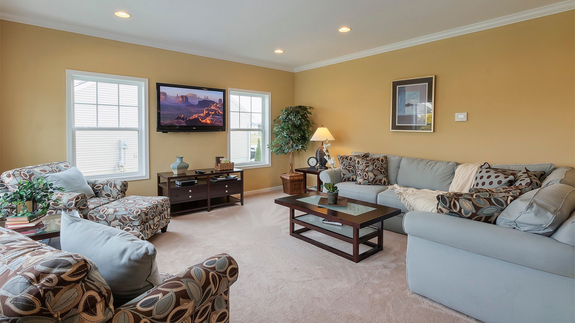 Furnished family room with flat screen TV, Crestmont plan