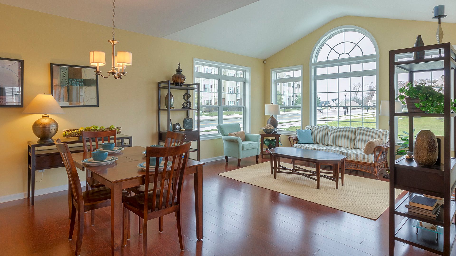 Breakfast nook and morning room with wall of windows and hardwood flooring, Crestmont plan by S&A Homes