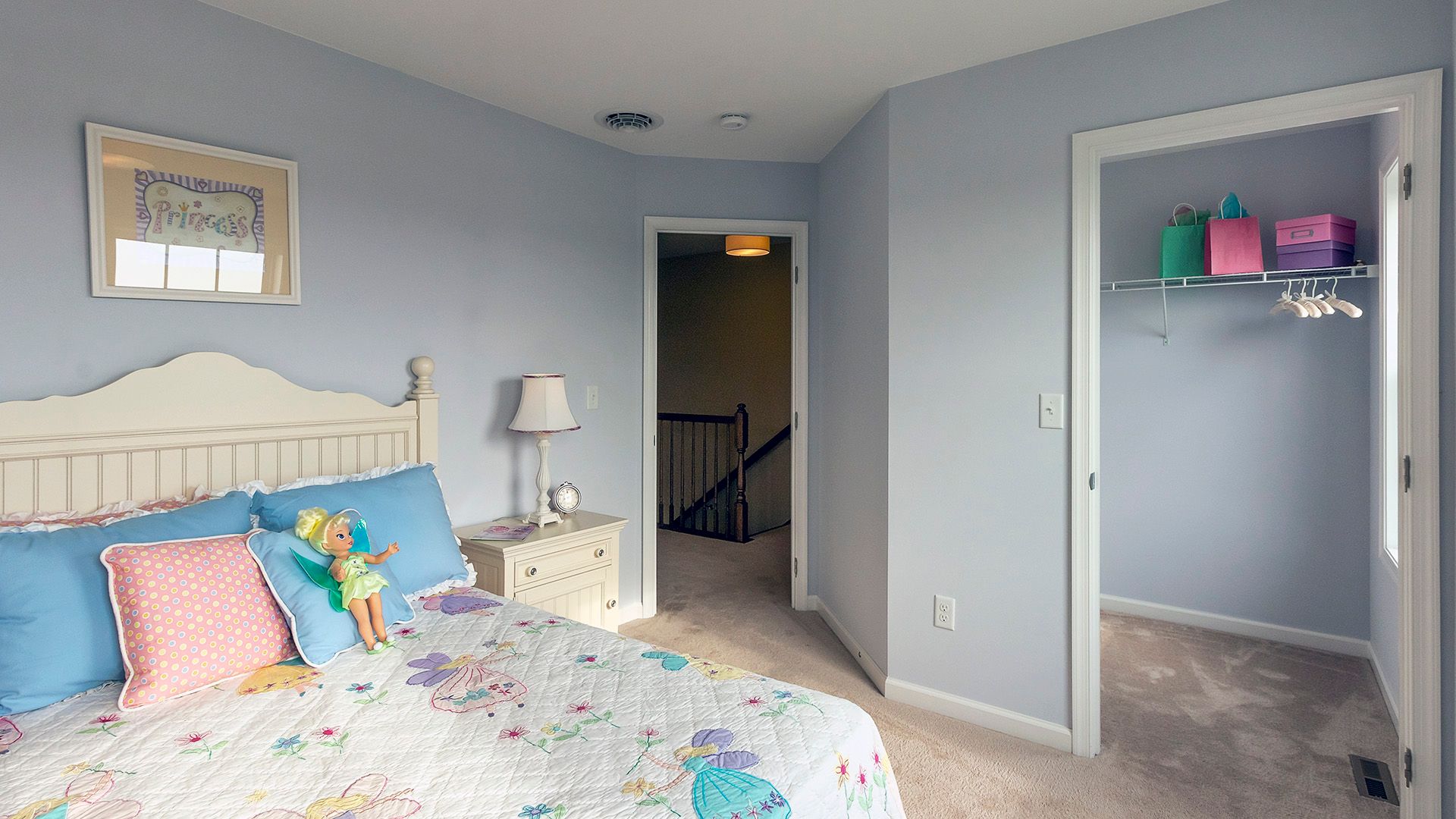Furnished kids room with large closet, bedroom two in the Crestmont floorplan