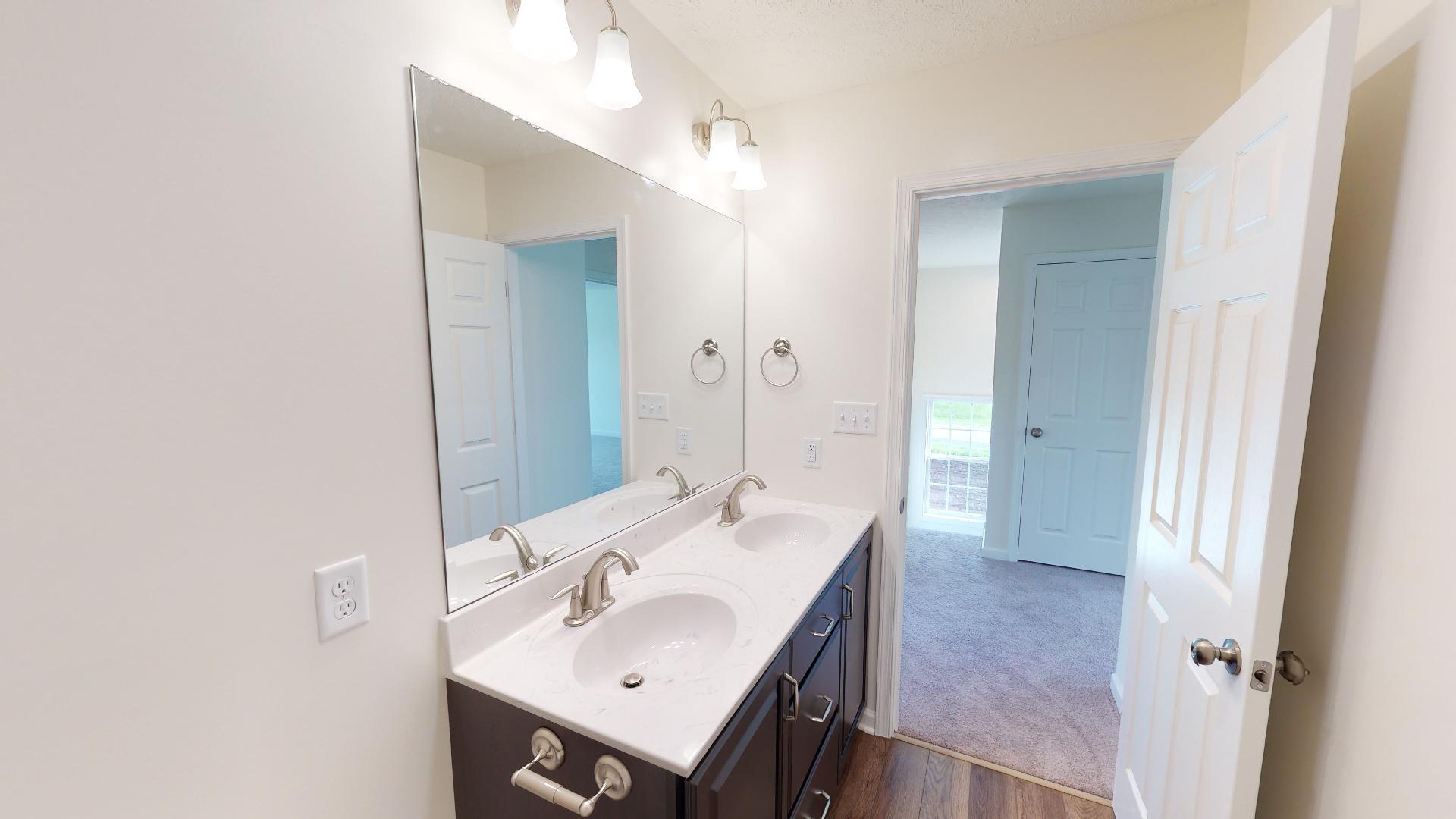 Hall bath - double bowl vanity with large mirror above - facing hallway