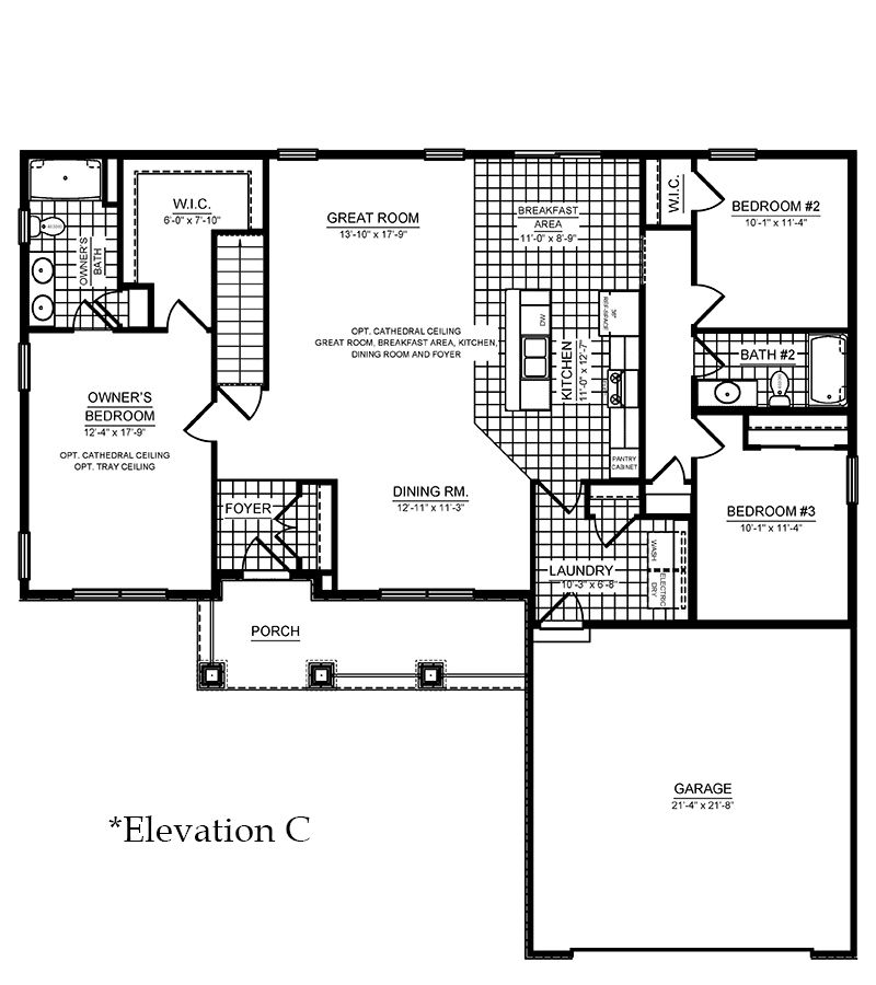 Floorplan drawing - Coleford ranch single family home - main level living area with 3 bedrooms, 2 baths and two car garage