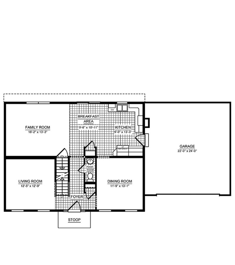 Floorplan drawing - main level living area with 2 car garage