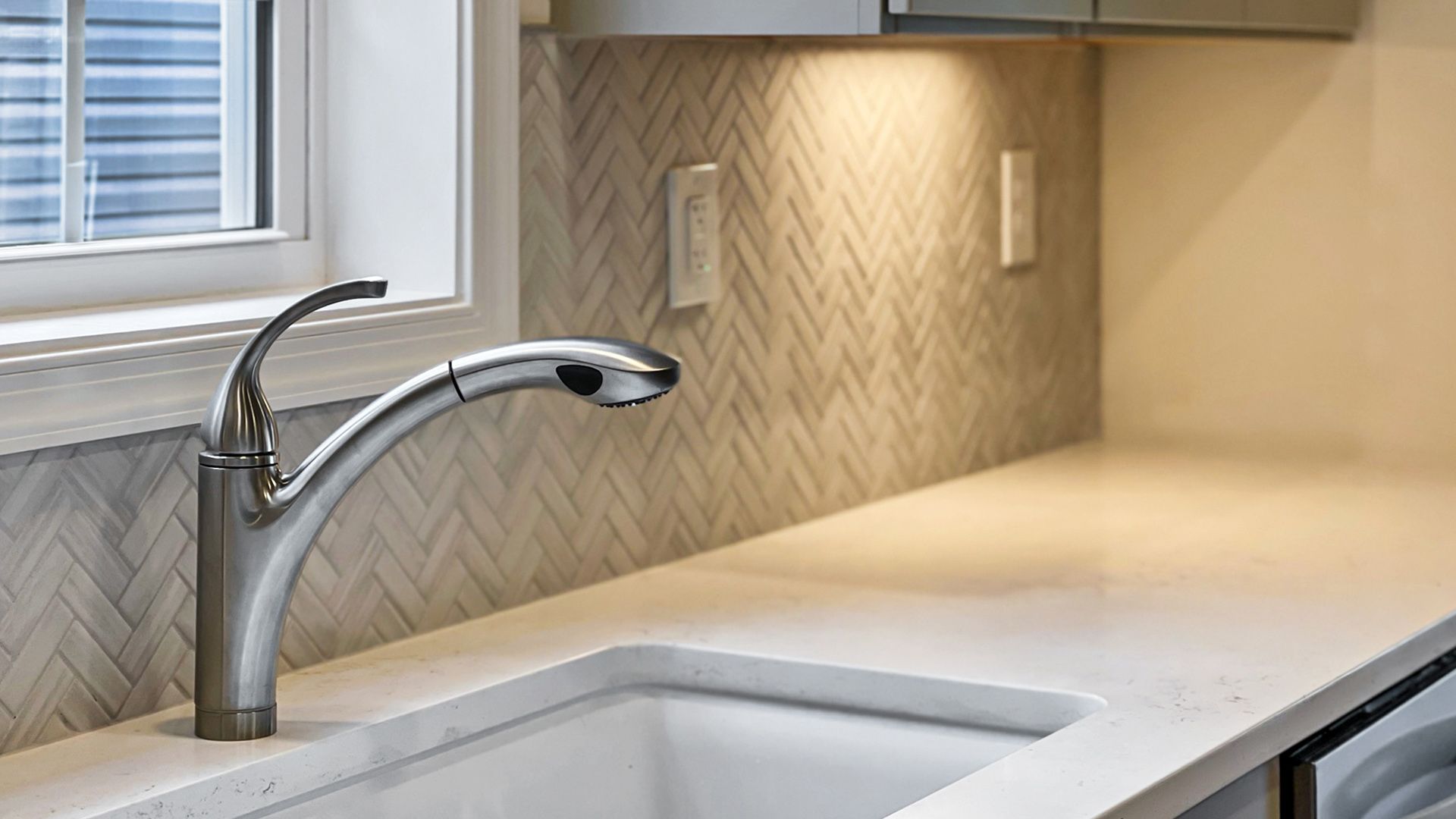 Chrome kitchen faucet with window above, double sink, quartz countertops and ceramic tile backsplash