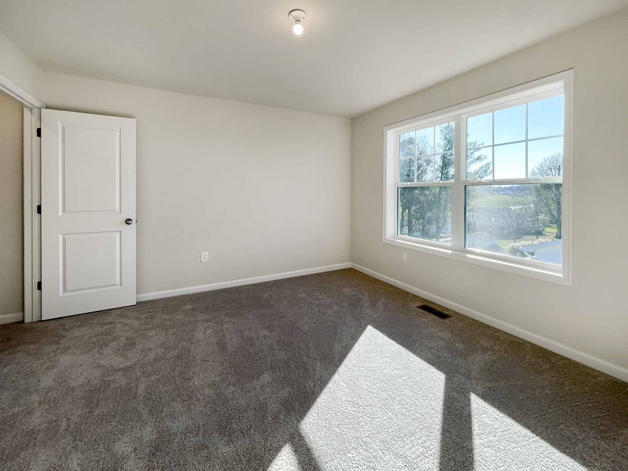 Bedroom with double windows on rear wall and carpet flooring