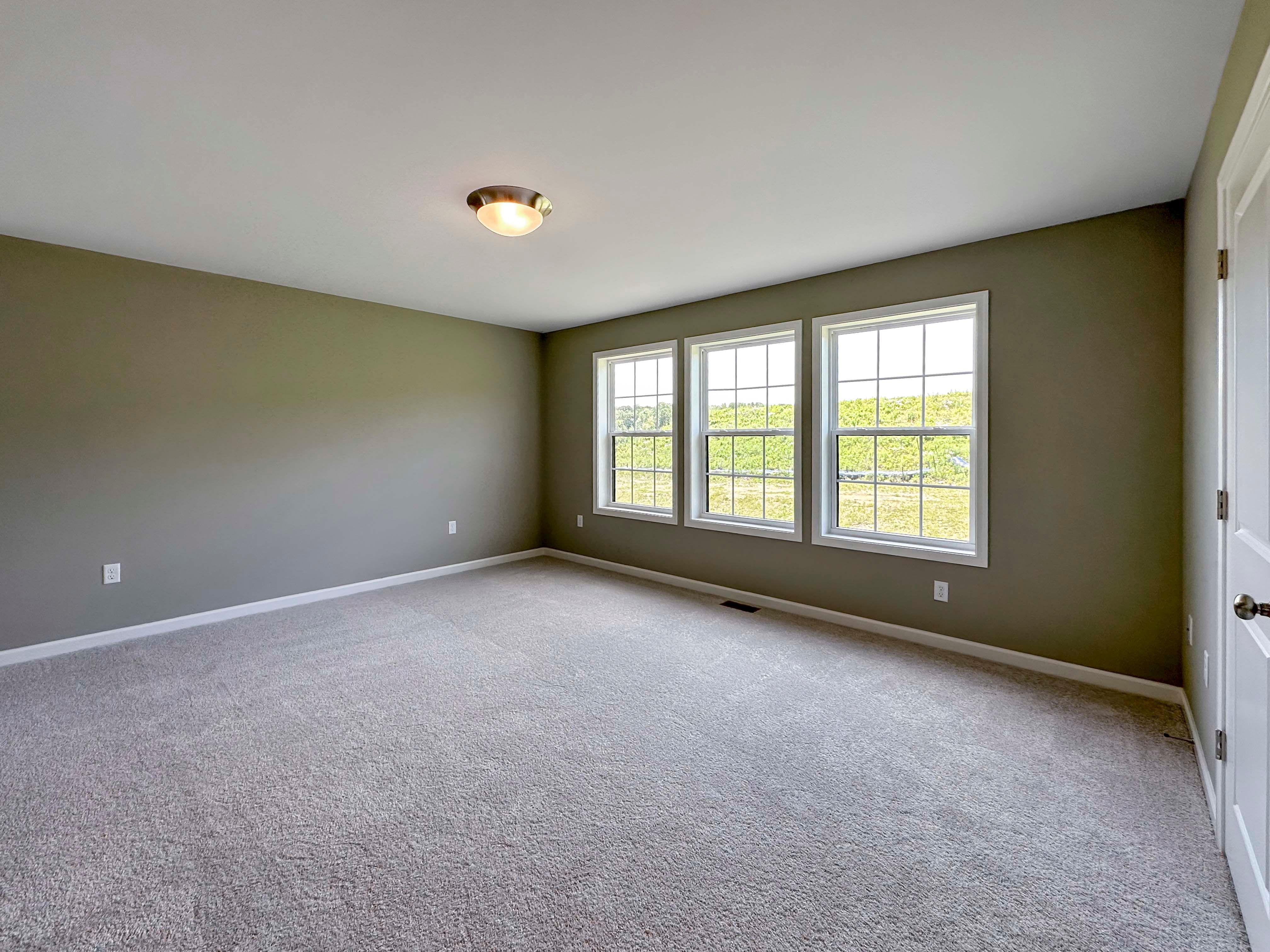 Unfurnished bedroom with carpet flooring and triple windows on rear wall