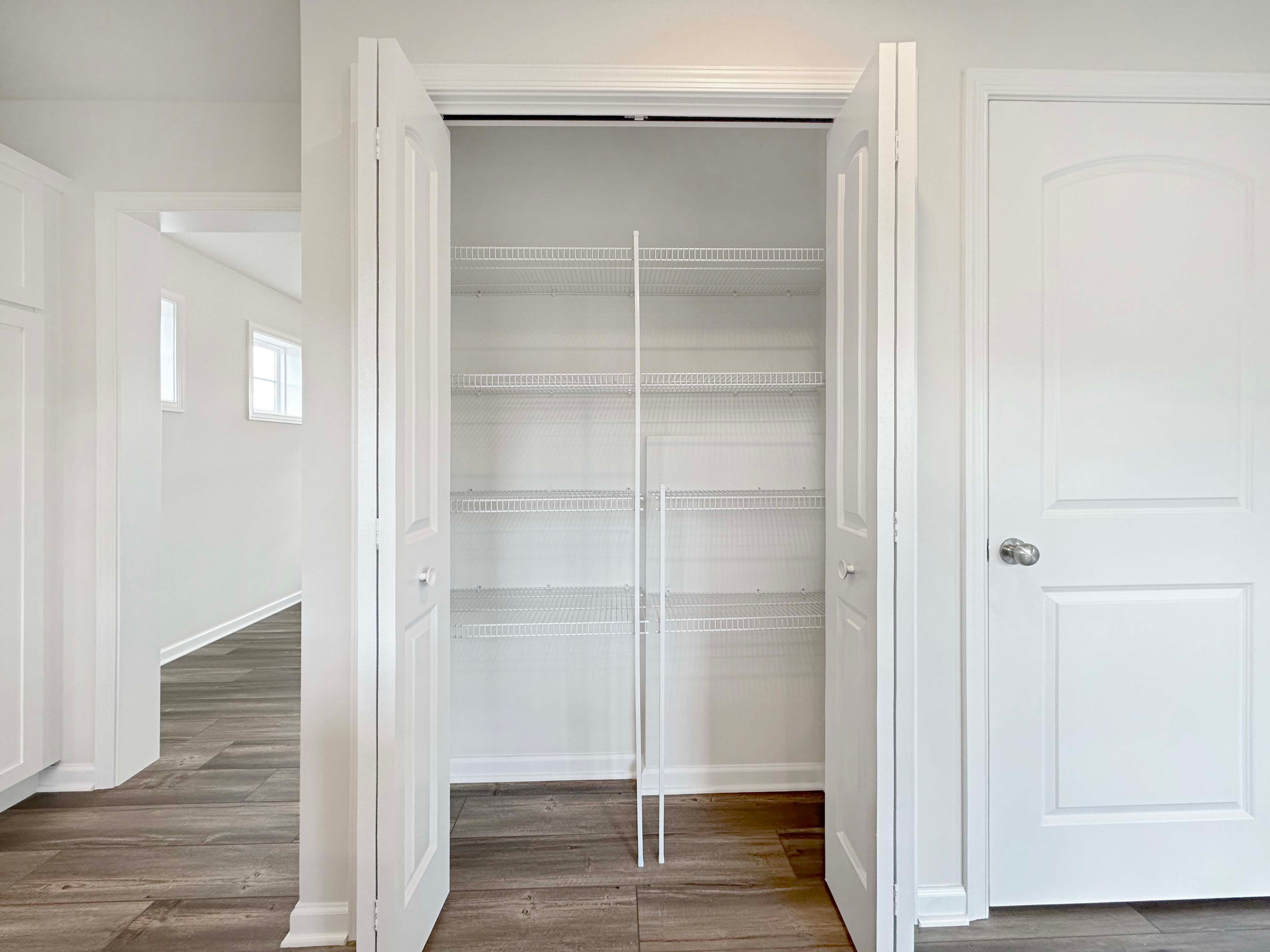 Kitchen pantry with wire shelving.