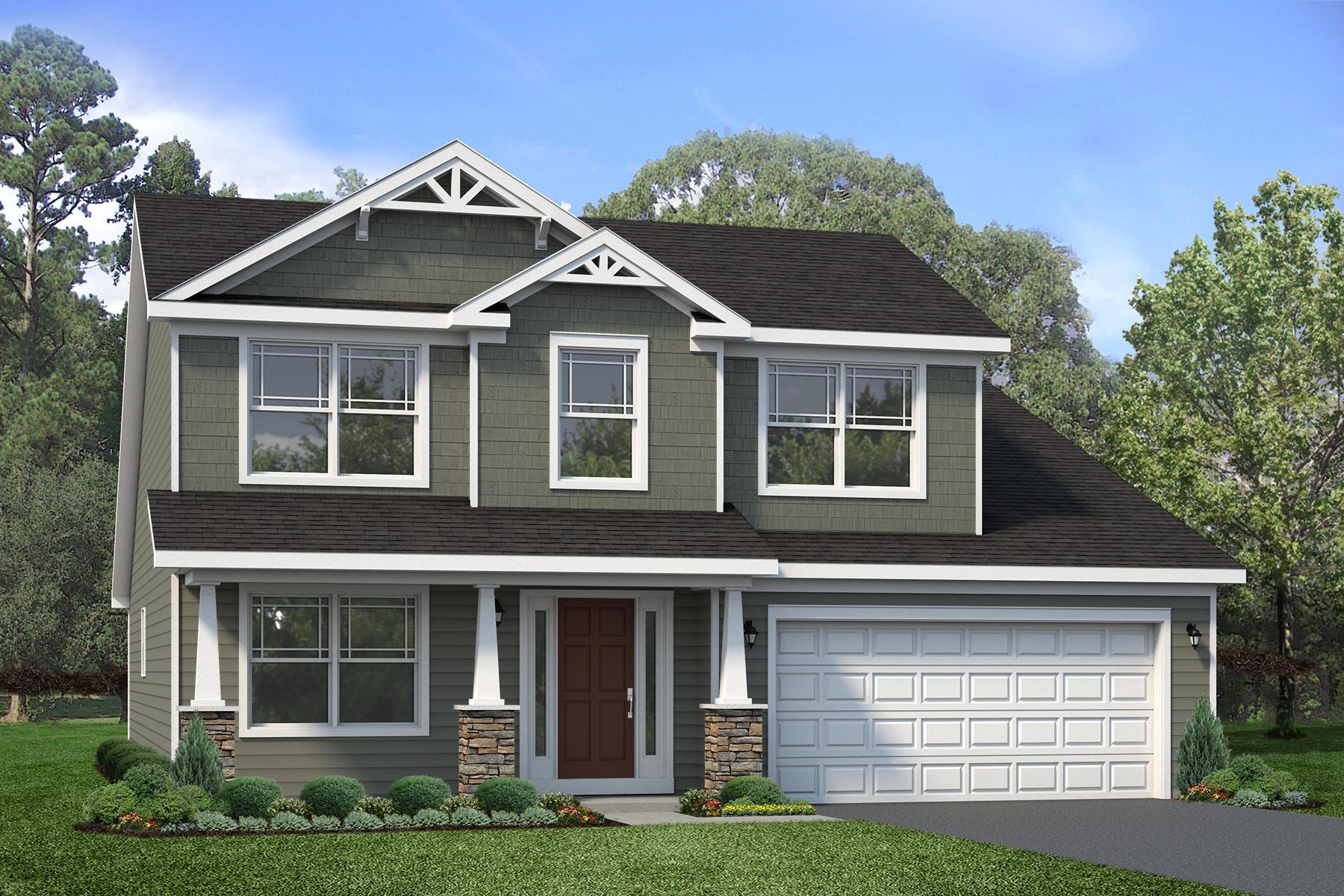 Exterior view of the Charlotte plan by S&A Homes - 2 story home with full front porch, vinyl siding and partial stone, and two car garage