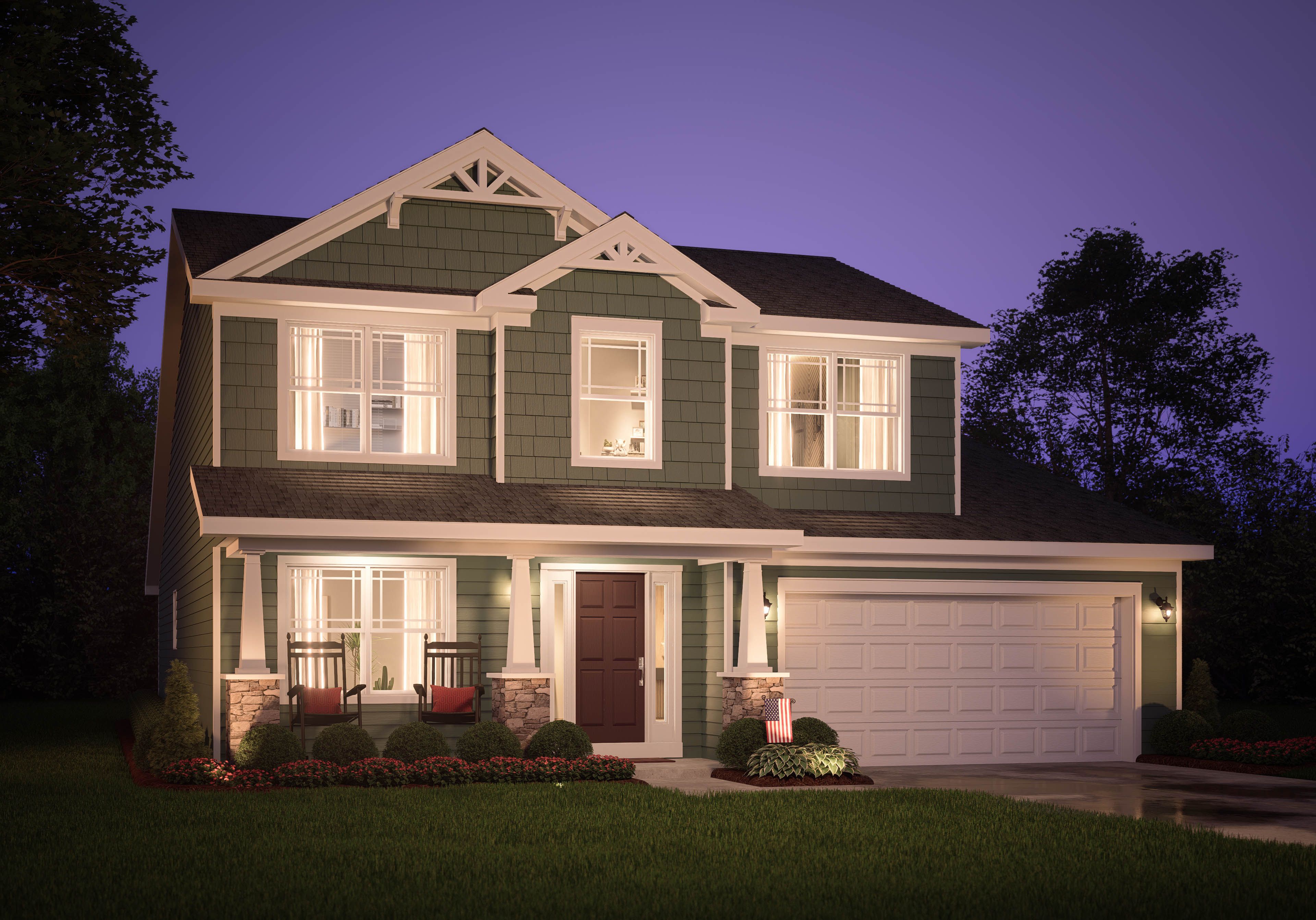 Exterior view of the Charlotte plan by S&A Homes - 2 story home with full front porch, vinyl siding and partial stone, and two car garage