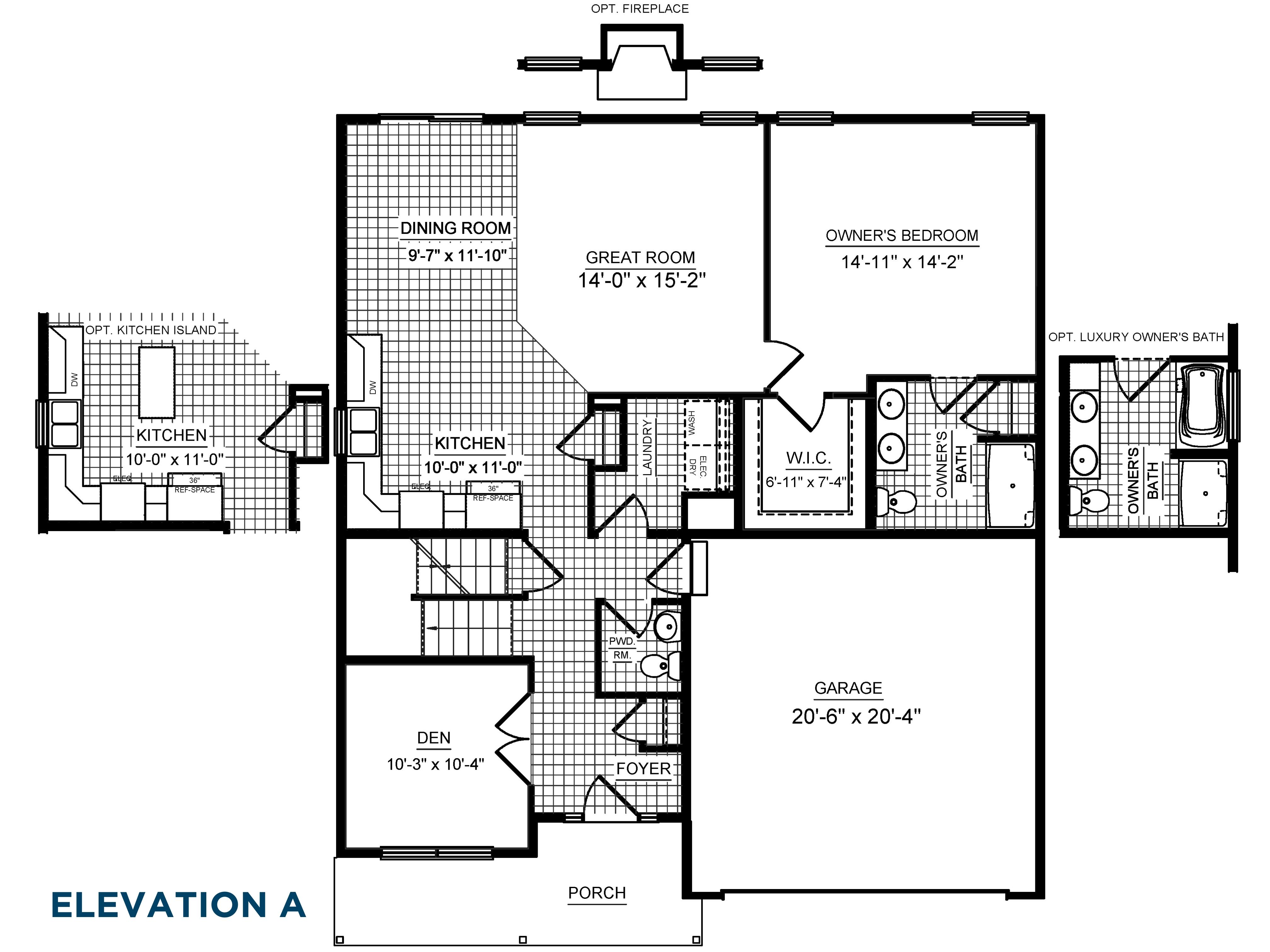 Floorplan drawing - main level living area with 2 car garage, main level bedroom and full bath