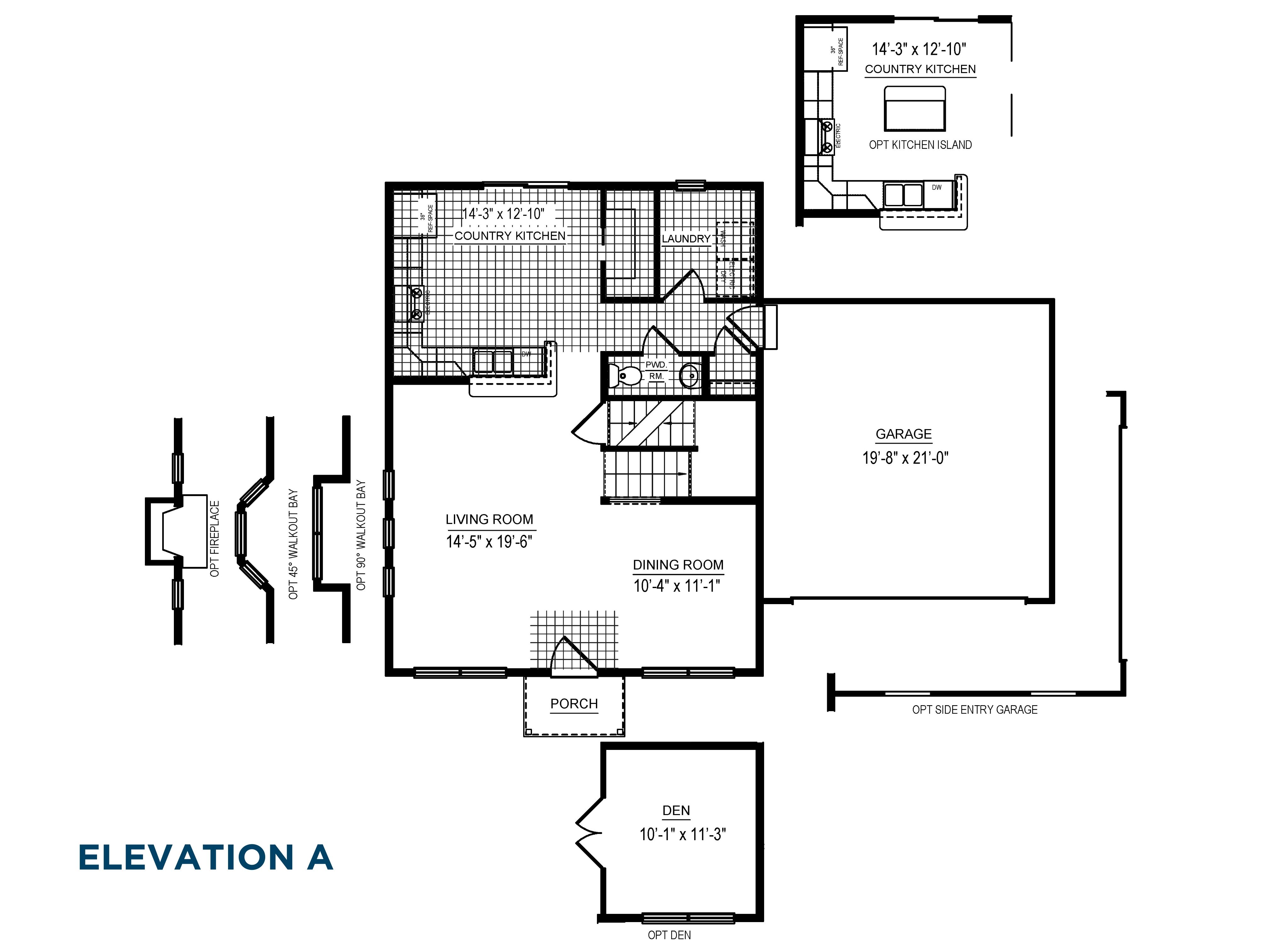 Floorplan drawing - main level living area with 2 car garage