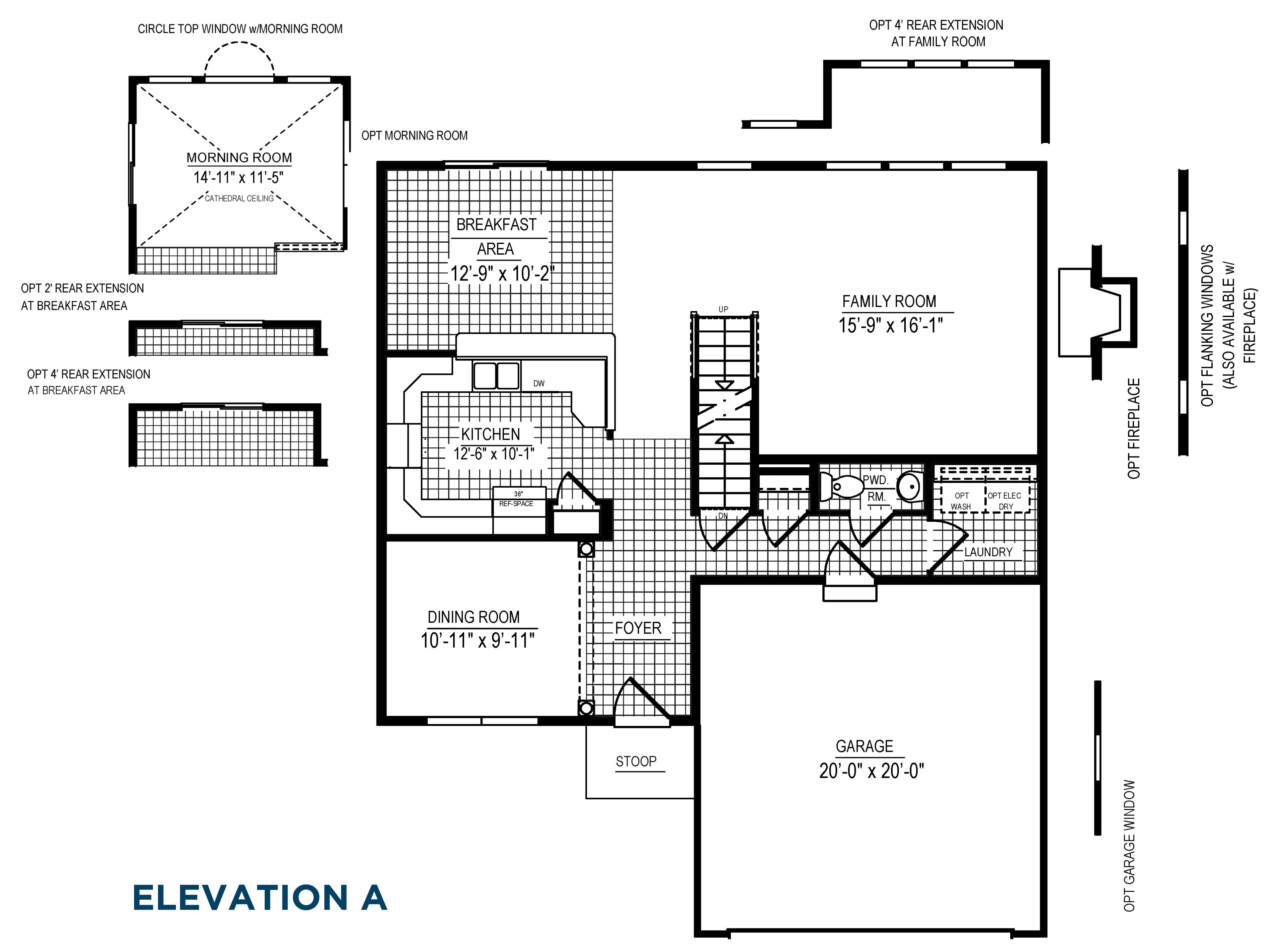 Floorplan drawing - Crestmont single family home - main level living area with formal dining room, kitchen, breakfast area, family room, and two car garage