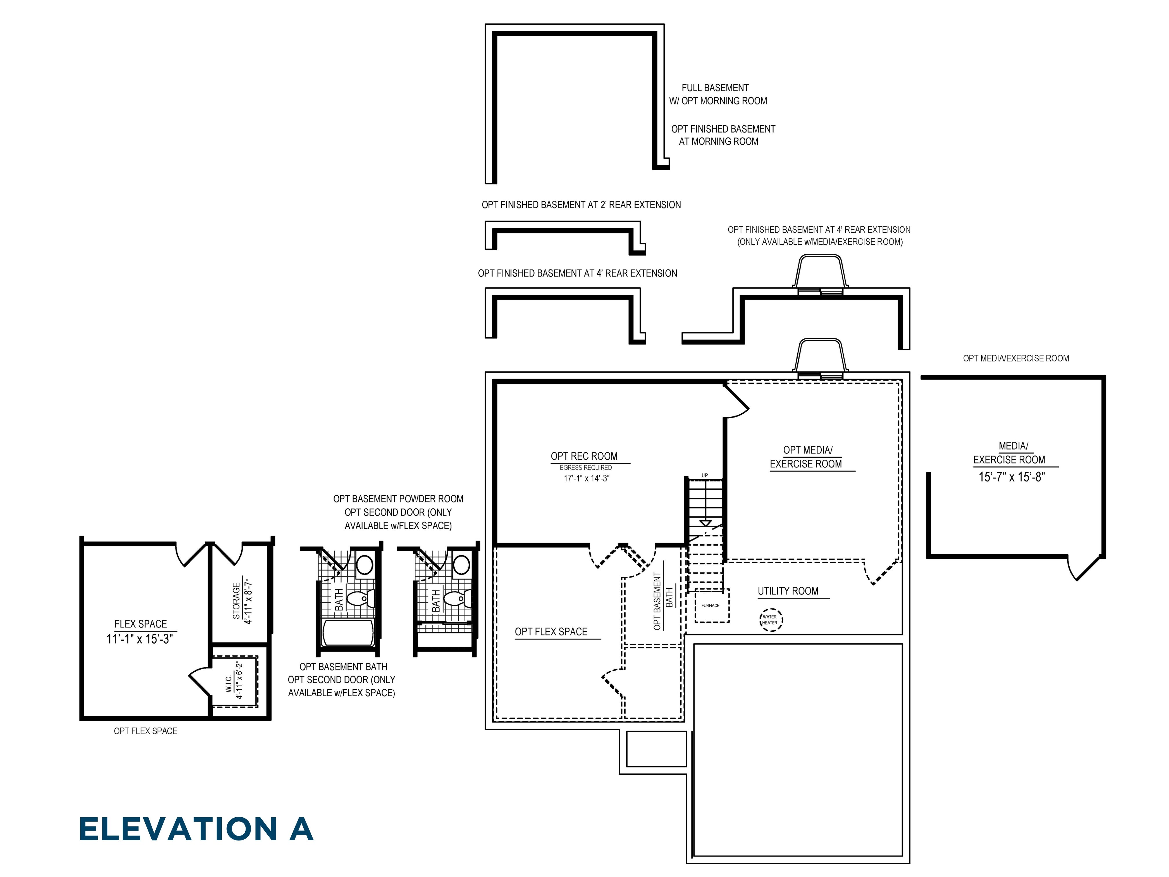 Floorplan drawing - Crestmont single family home - basement level with optional finished rec room, media room and flex space