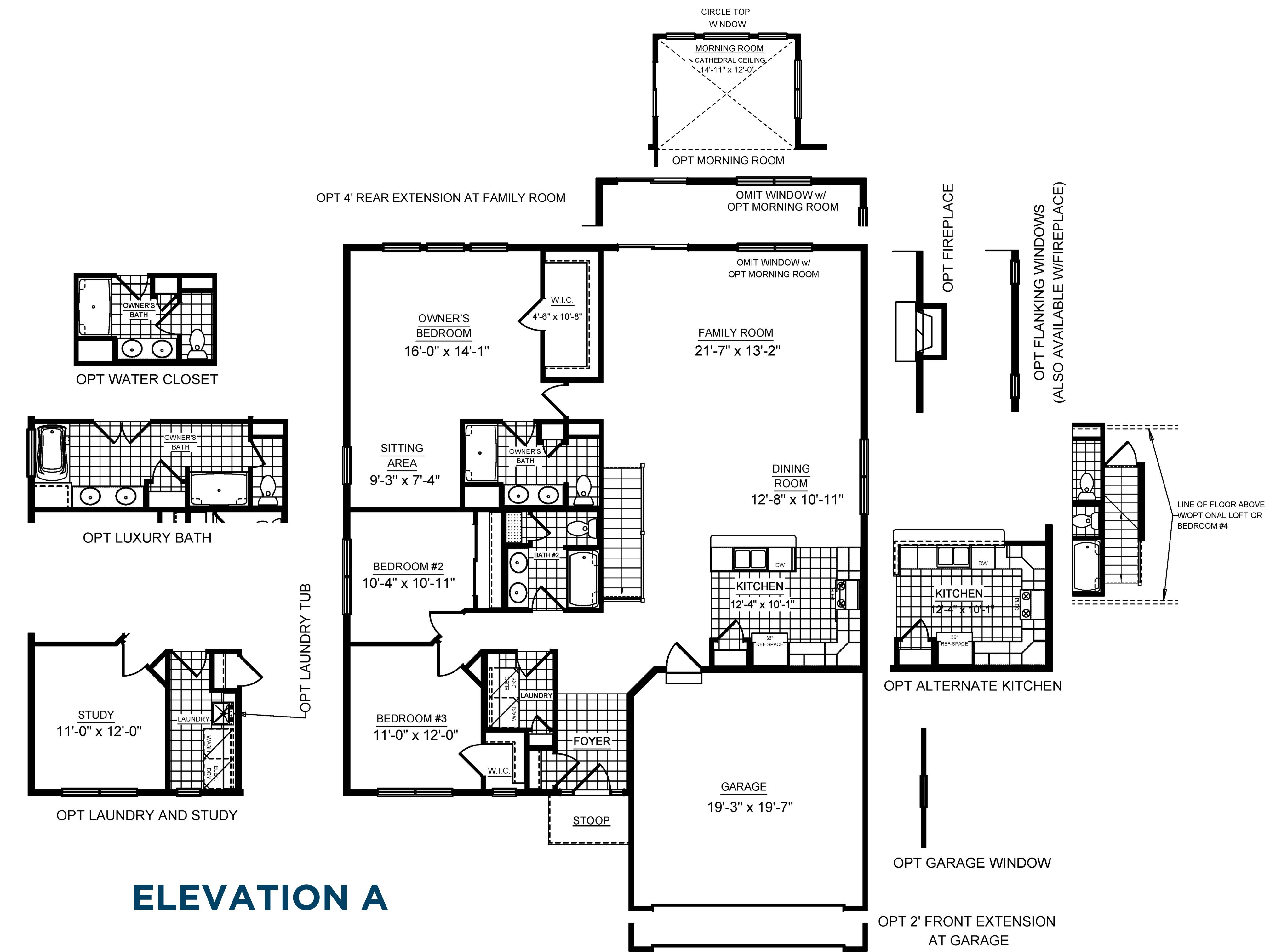 The Aspen ranch home - floorplan drawing - main level with living area, 3 bedrooms, 2 baths and 2 car garage