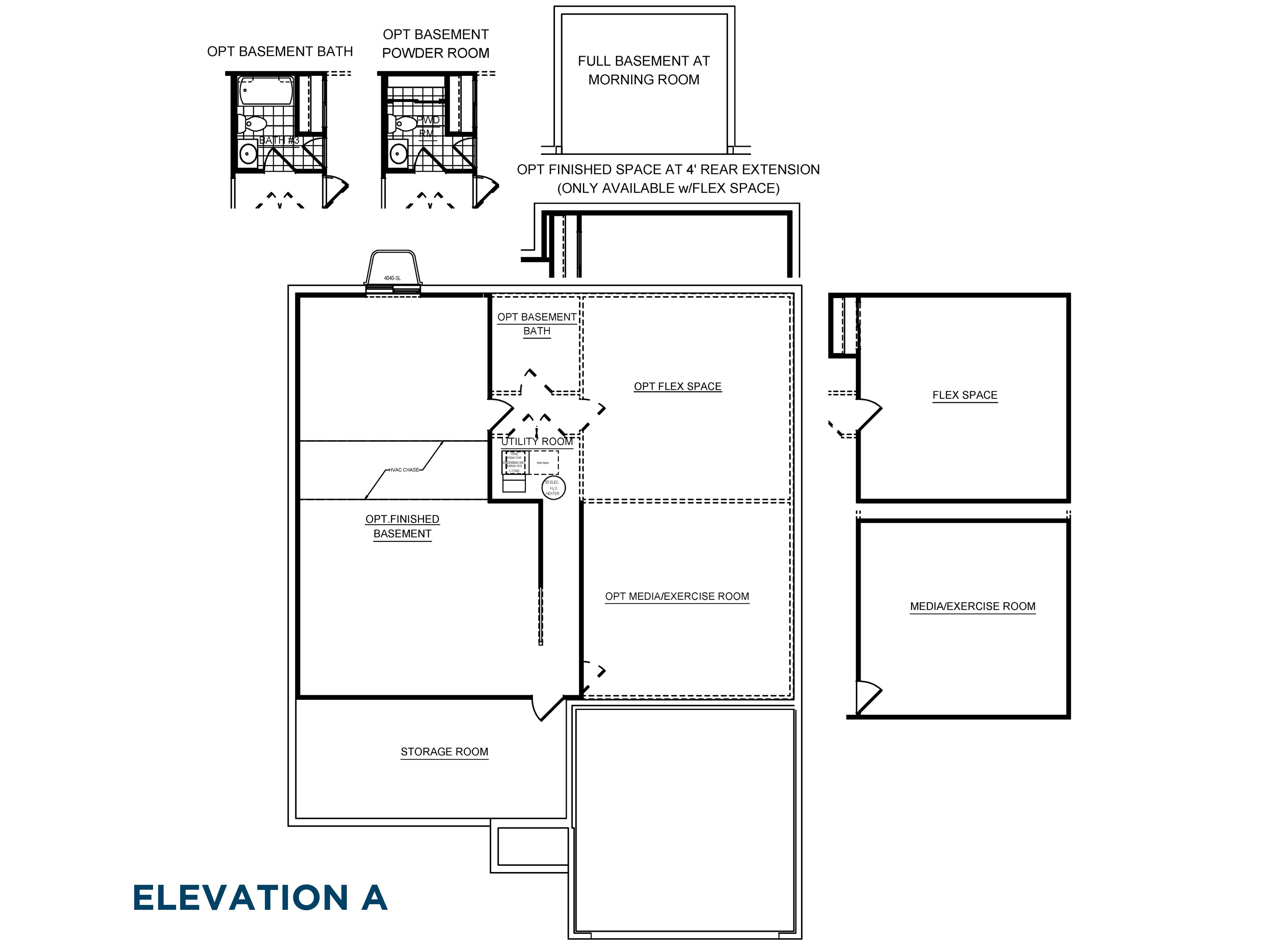 The Aspen - floorplan drawing - single family home - unfinished basement with finish options